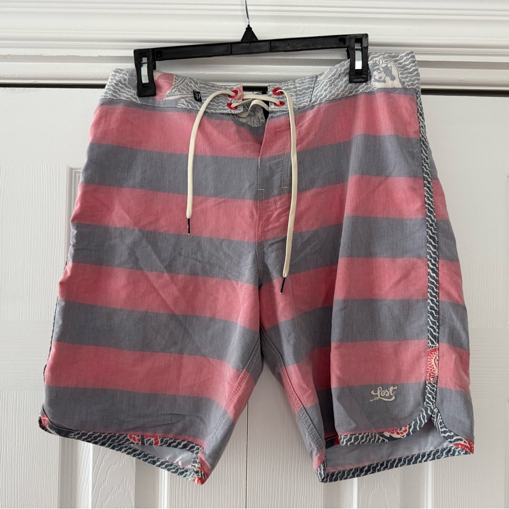 Lost Men's faded-style red and gray board shorts